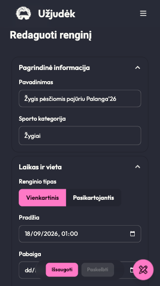 Mobilus renginio redagavimo vaizdas